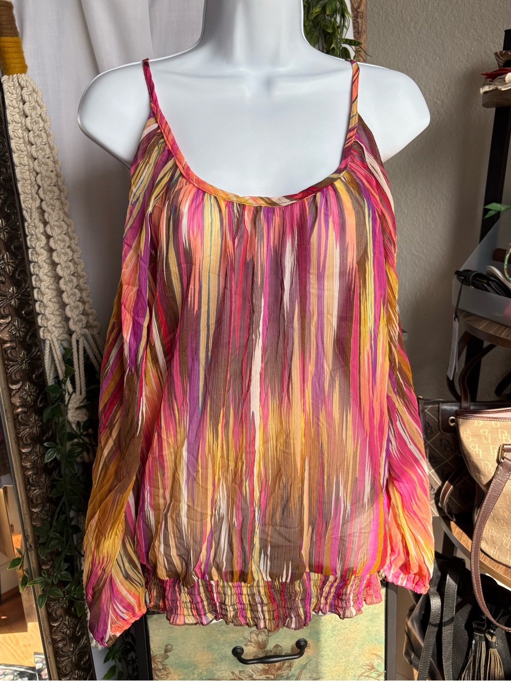 Angie Cold Shoulder Sheer Abstract Brushstroke Blouse Smocked Hem Pink Large